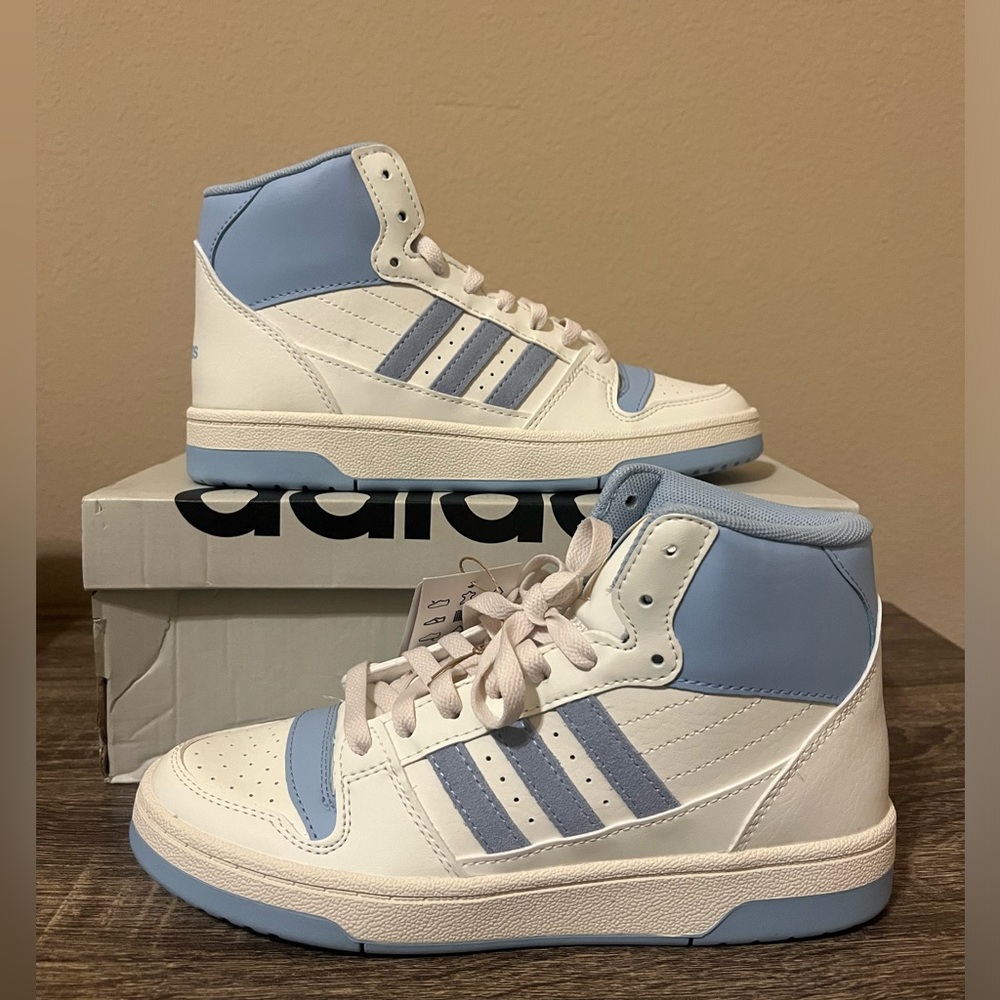 Adidas White and Light Blue High-Tops - Picture 1 of 4